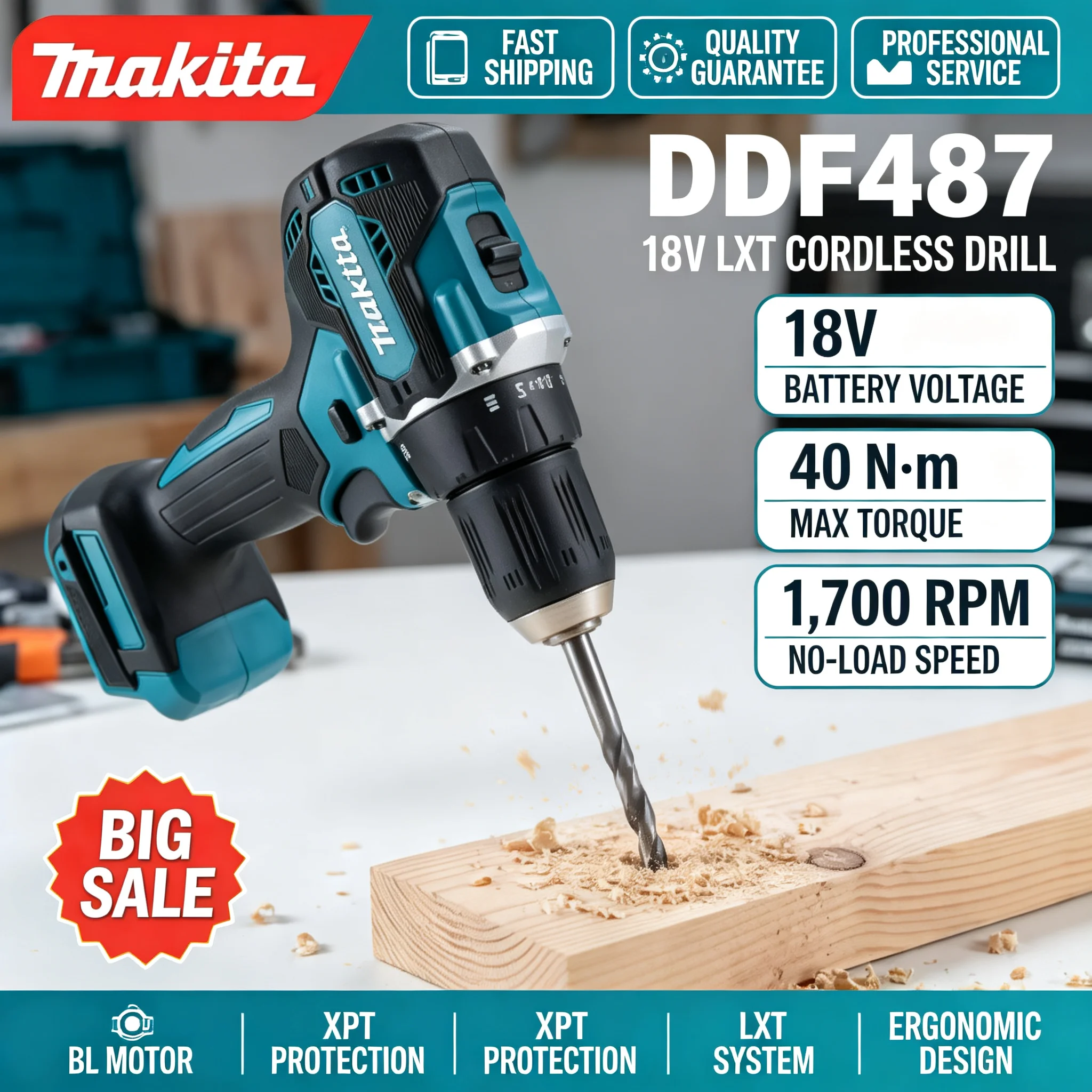 Brushless Cordless Electric Drill 18V - 마키타 DDF487 18V 무선 브러시리스 드릴,
